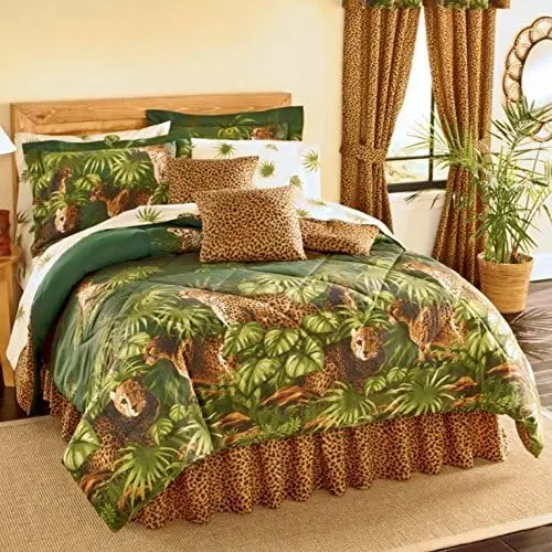 

Safari Cheetah Leopard Cats Comforter & Sheet Set with Palm Leaf Foliage (6pc Twin Size (66" x 86") Bed in Bag Set)