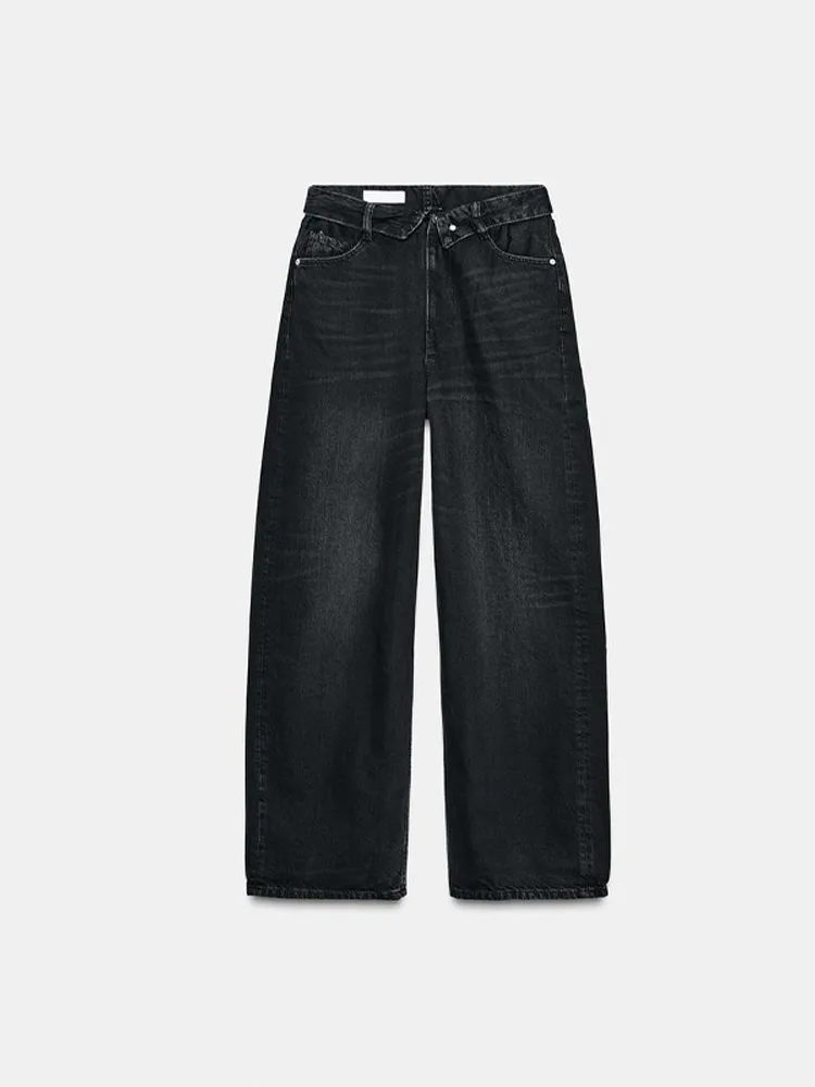 女性&男性 ミッドウエスト ブラック ジーンズ ファッション 折りたたみウエストバンド ワイドレッグ デニムパンツ ヴィンテージ ダーク カジュアル ハイストリート デイリーパンツ