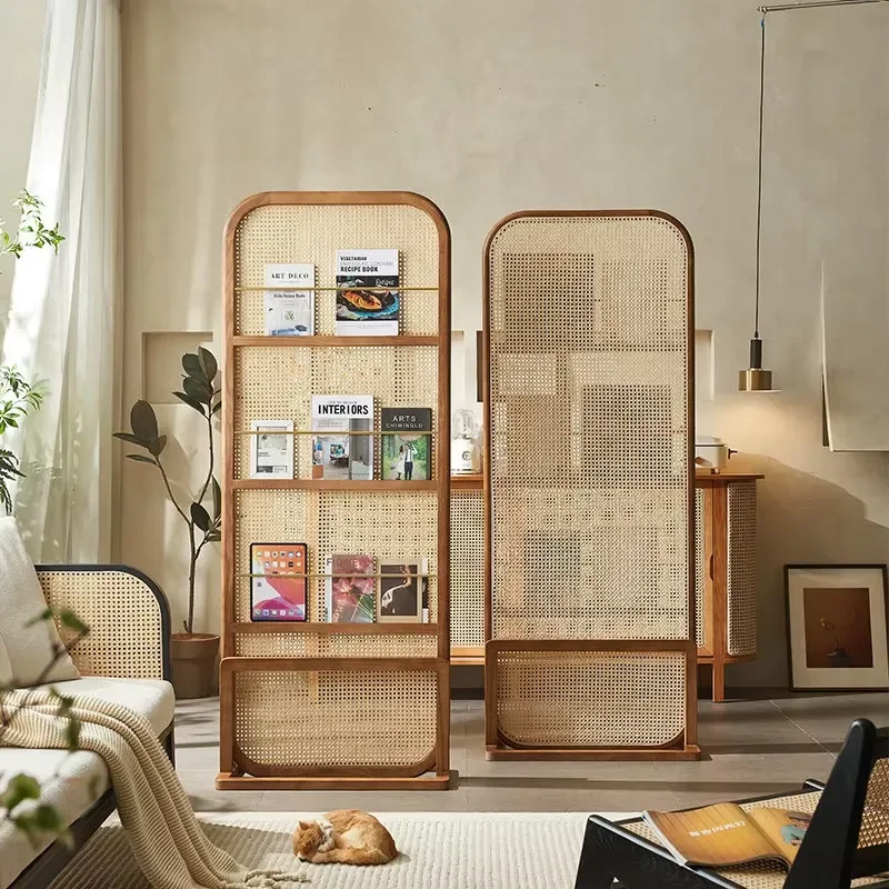 Nordic Rattan Movable Shelf Simple Art Design Durable Home Furniture Partition Screen for Bedroom Living Room Entrance Decor