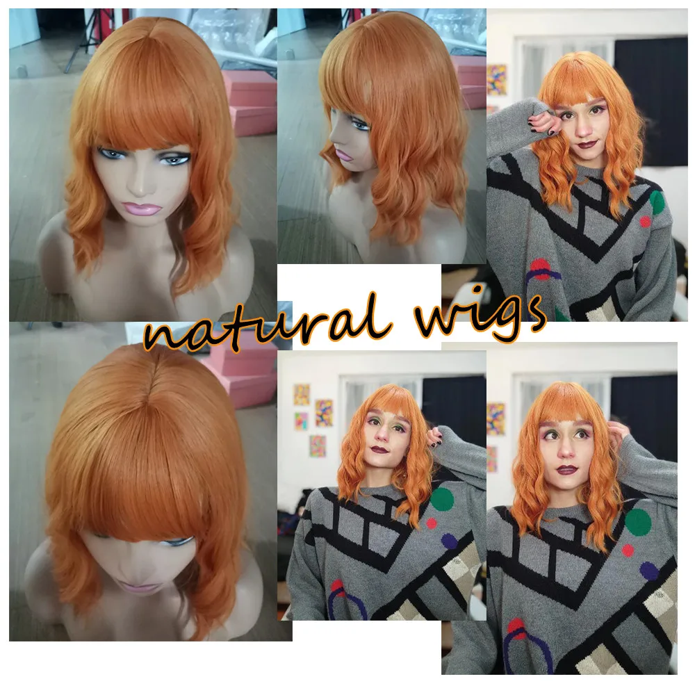 HAIRCUBE Orange Short Bob Synthetic Wigs Natural Wave Hair for Women Wigs With Bangs Daily Lolita Heat Resistant Fashion Wigs