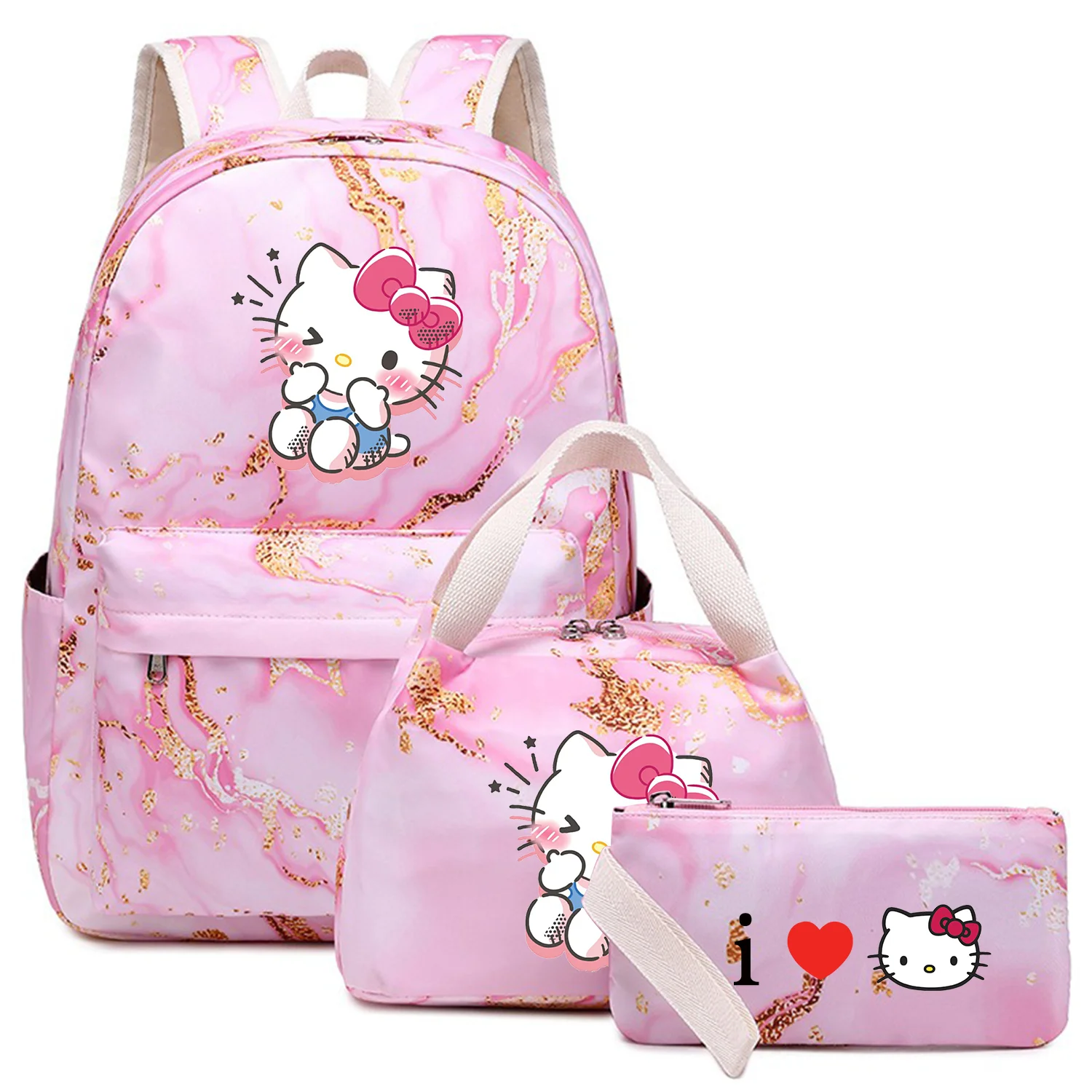 

3Pcs/set Hello Kitty Kids Backpack Capacity Student Schoolbags Double Shoulder Bag Boys Girls Pen Lunch Bags Bookbag Laptop Sets