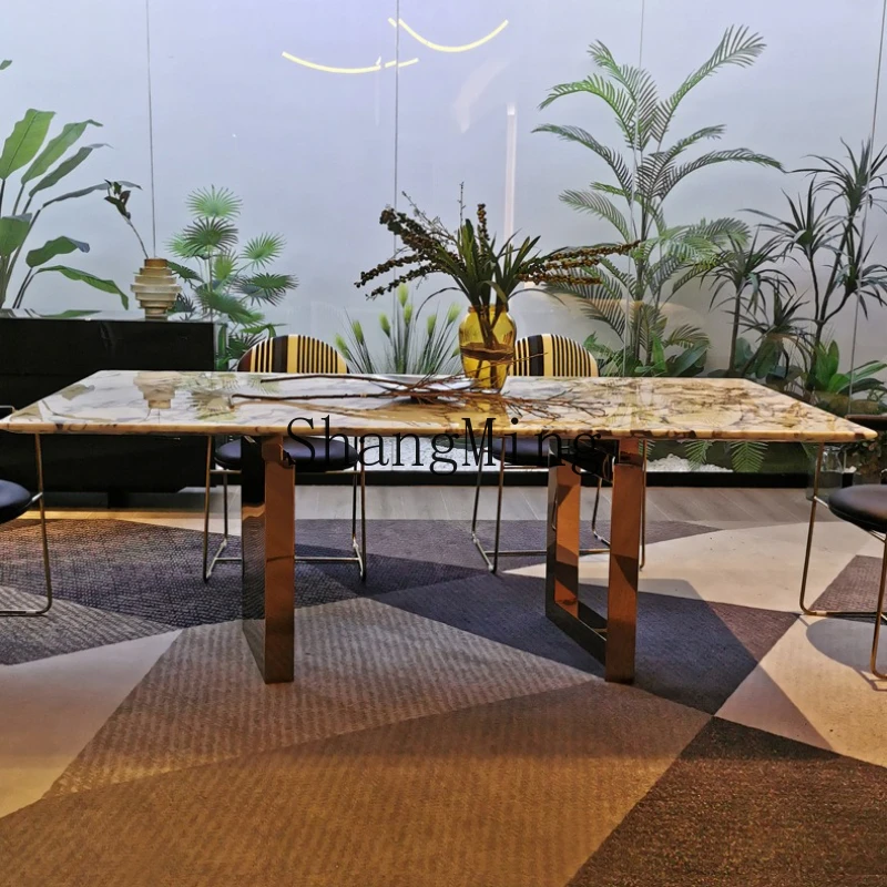 

SM new natural marble dining table villa large flat floor minimalist large dining table rectangular