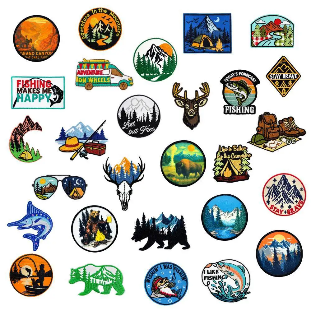 

Camping Fishing Theme Embroidery Patches DIY T-shirt Backpack Hat Iron Patches Craft Decor Repair Sticker Sewing Applique Access