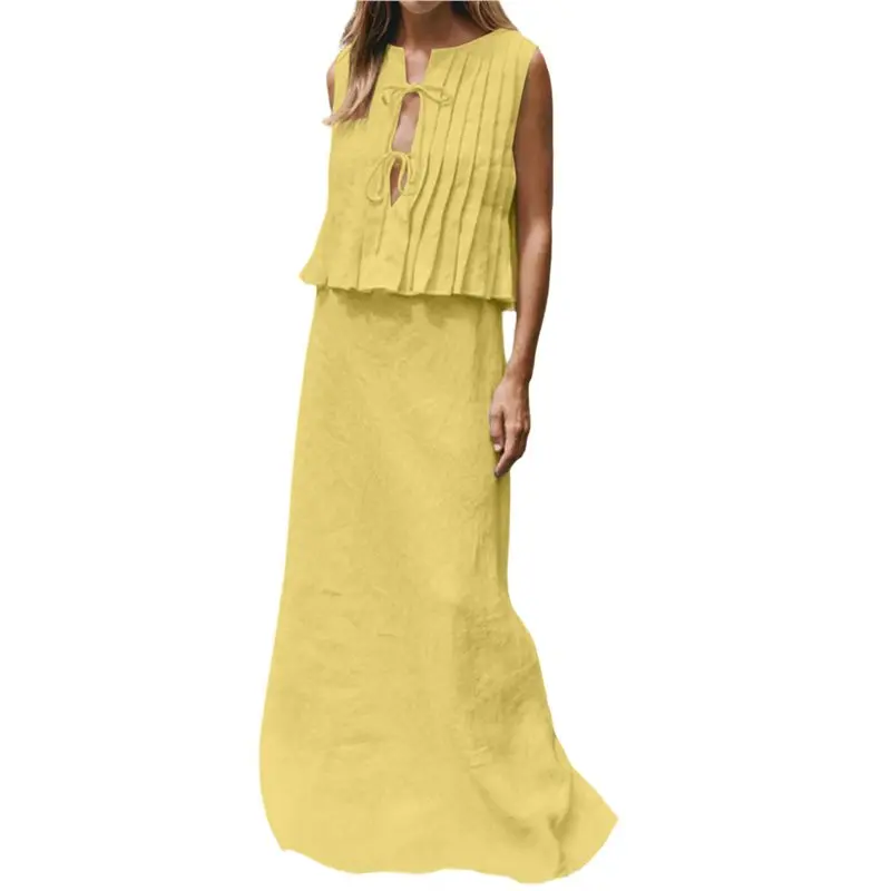 

Женский комплект CYL: дышащая льняная плиссированная блузка без рукавов с завязками спереди и макси-юбка в уличном стиле