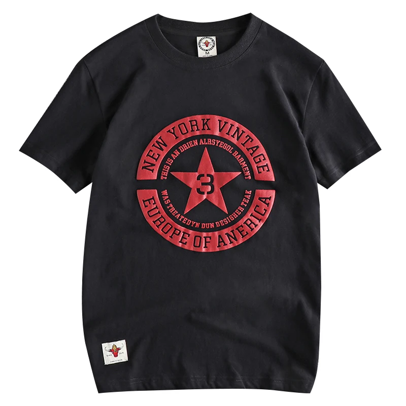 Summer New American Retro Short Sleeve O-neck Pentagram Letters Printed T-shirt Men\'s Fashion 100% Cotton Washed Old Casual Tops