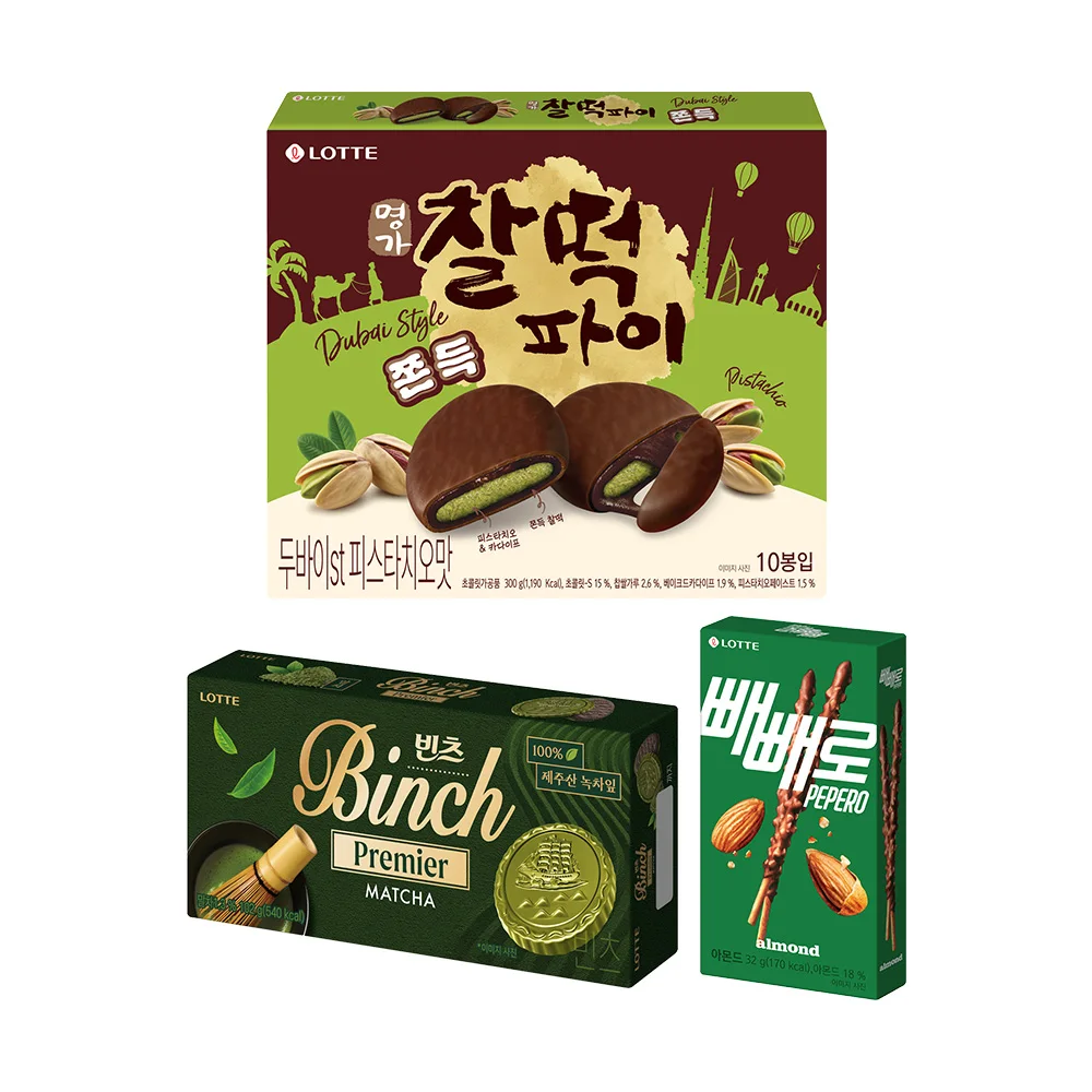 Lotte Food Dukengku X Dubai St Kunjan Pastel Crujiente 300g X 1 Pieza + Bintz Matcha 102g X 1 Pieza + Almond Bbqro 32g X 1 Pieza