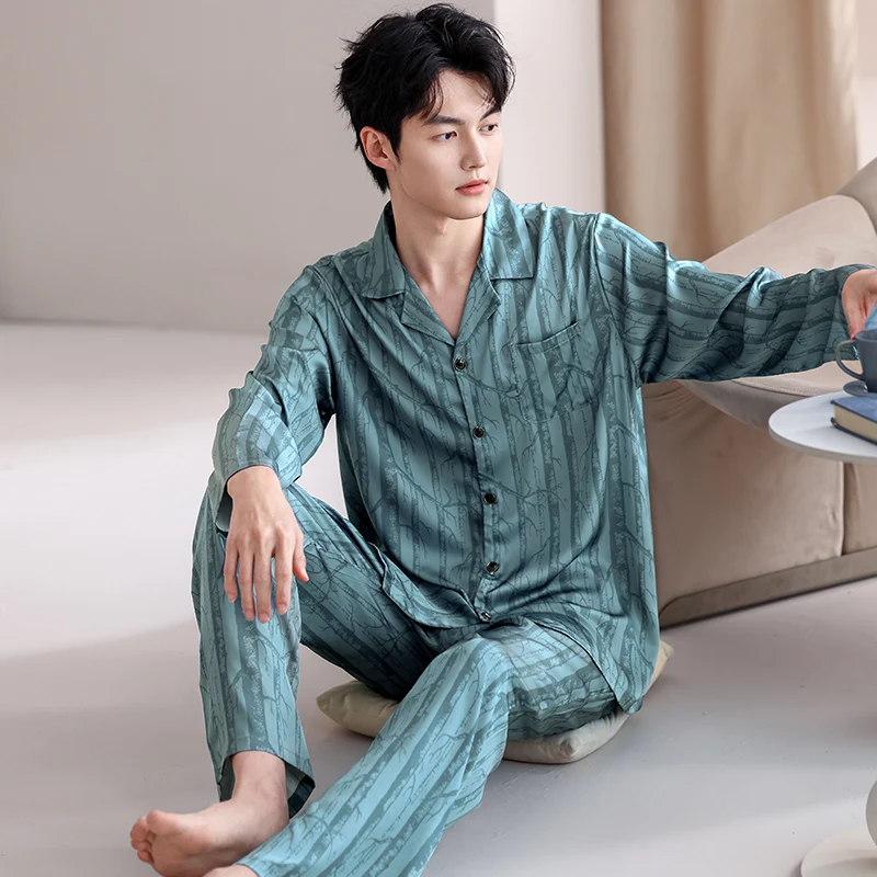 

Мужской пижамный комплект, шелковый атлас, осенний модный мужской пижамный костюм с длинным рукавом и принтом, весенняя ночная рубашка, пижама с воротником с лацканами, мужская одежда для сна