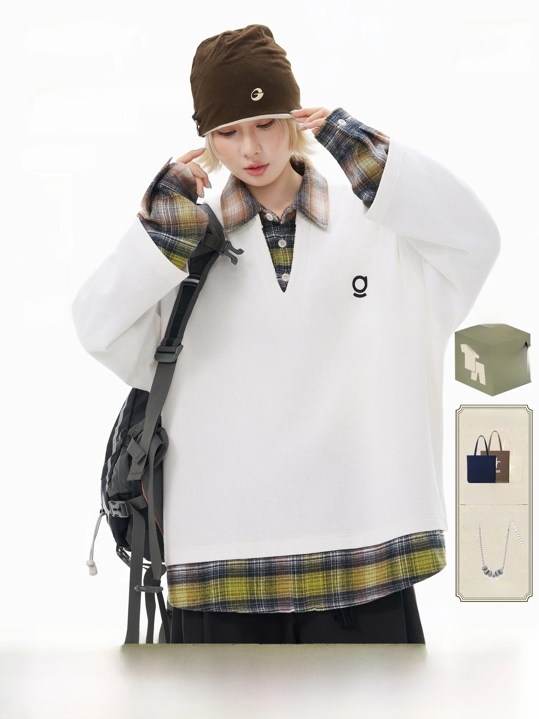 AOGZ College Style Hoodie Loose Fit Overhead Men's Plaid Patchwork Long Sleeve Warmth Retention Youth Fashion Autumn Wear