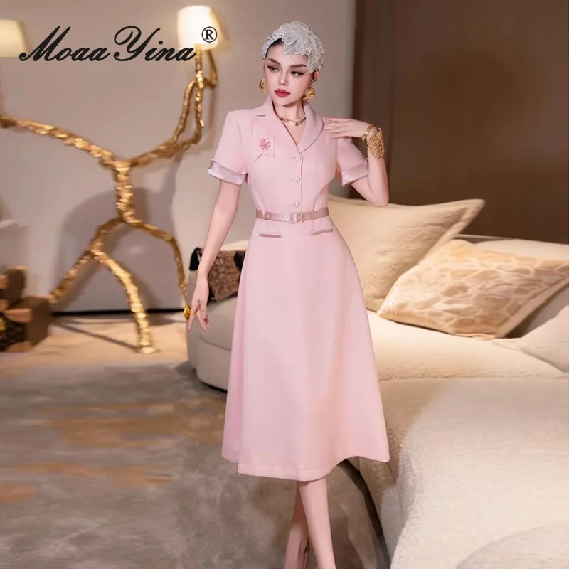 فستان MoaaYina لخريف 2025 للنساء بياقة وأكمام قصيرة وخصر مشدود متوسط الطول وأربطة #2