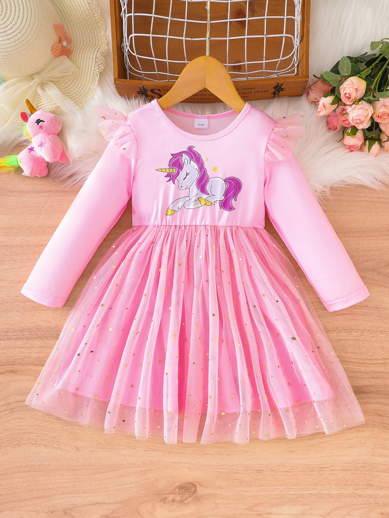 2024 New Spring and Autumn Single piece Pink Long sleeved Cute Unicorn Star Sequin Princess Dress Casual Party