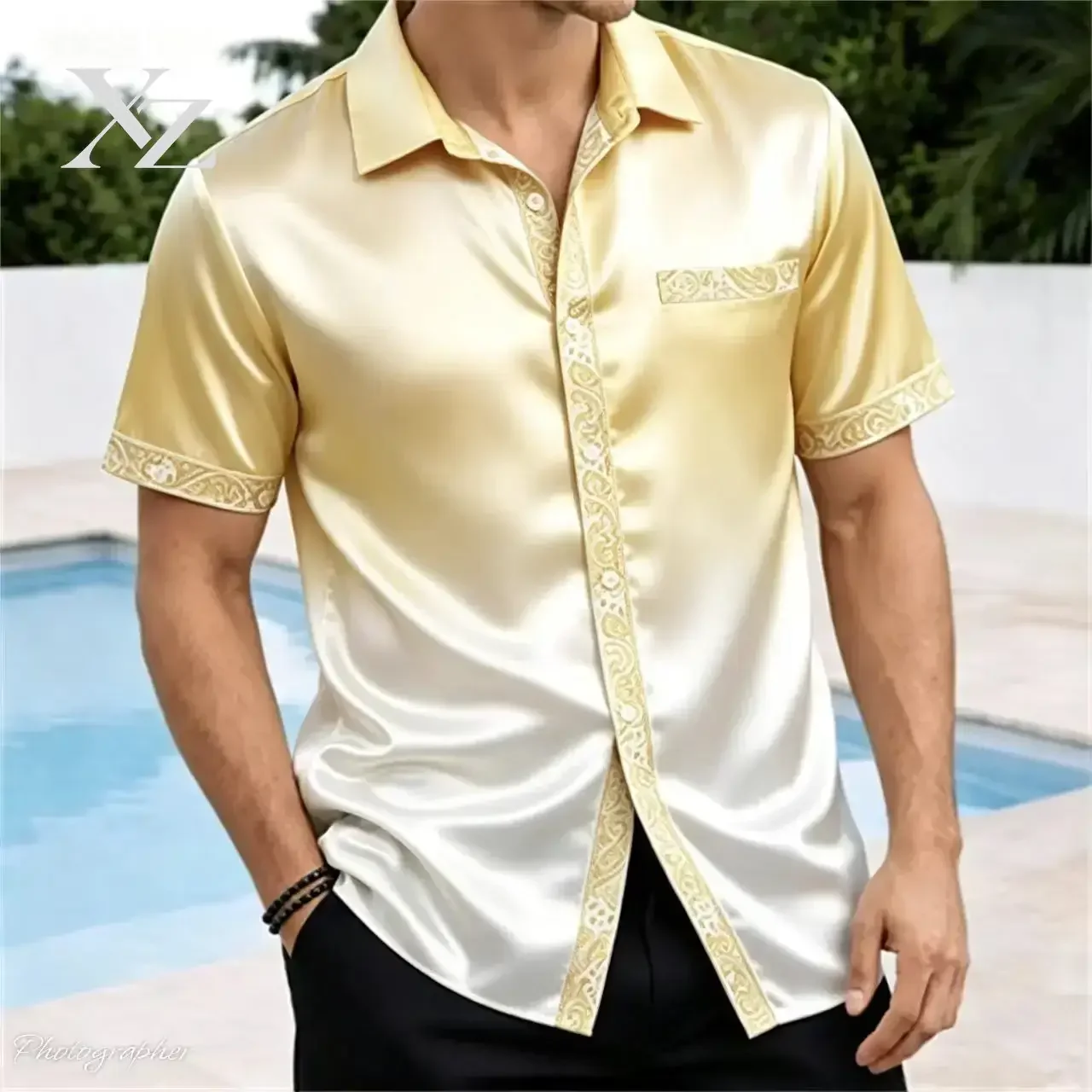 Hot Sale Men's Paisley 3D Printed Satin Shirt – Casual, Fashionable, Shiny Short Sleeved Button Down for Spring Summer