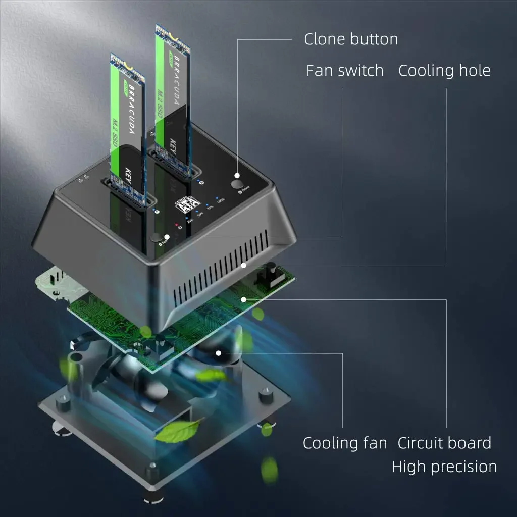 Imagem -05 - Ngff Gabinete Ssd Clone Offline Usb c m Chave m Chave b Stat Pcie Ssd Tipo-c Leitor de Disco Rígido com Ventilador Dual Bay Maiwo-m.2