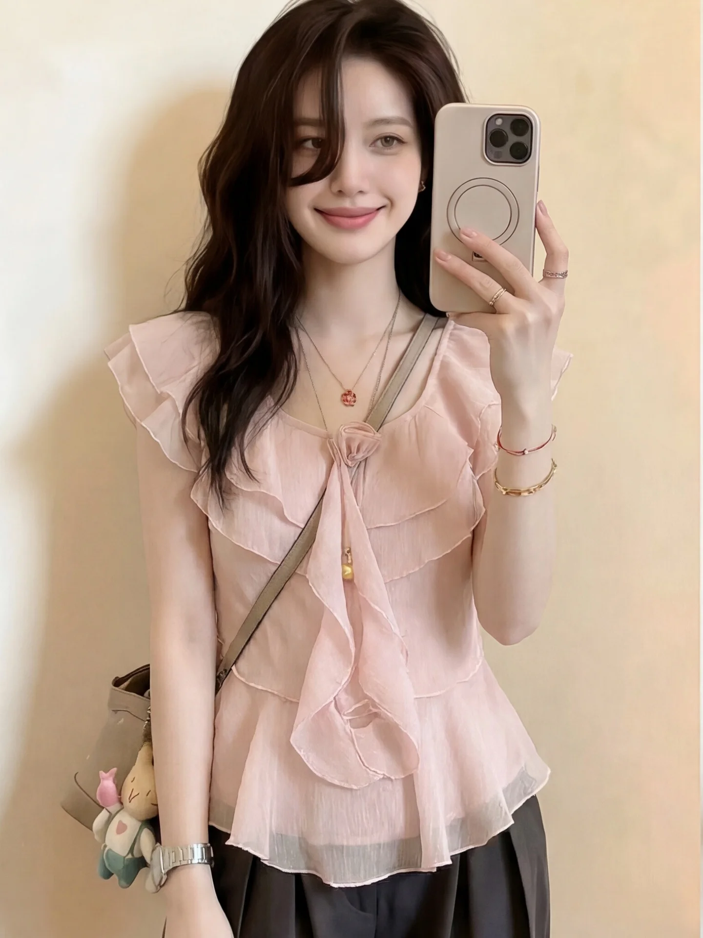 

Elegant Summer Women's Chiffon Shirt with Fly Sleeve Design Lotus Silk Glowing Floral 3D Floating Ribbon Tunic Top