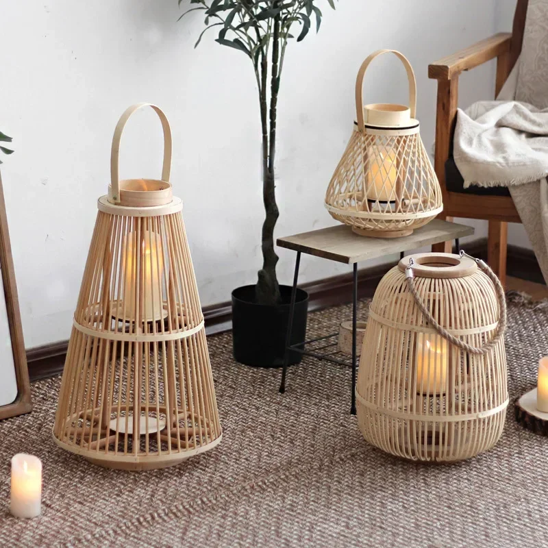 Simple modern candlestick homestay hotel courtyard decoration Vine woven floor mounted wind lamps Japanese Nordic style