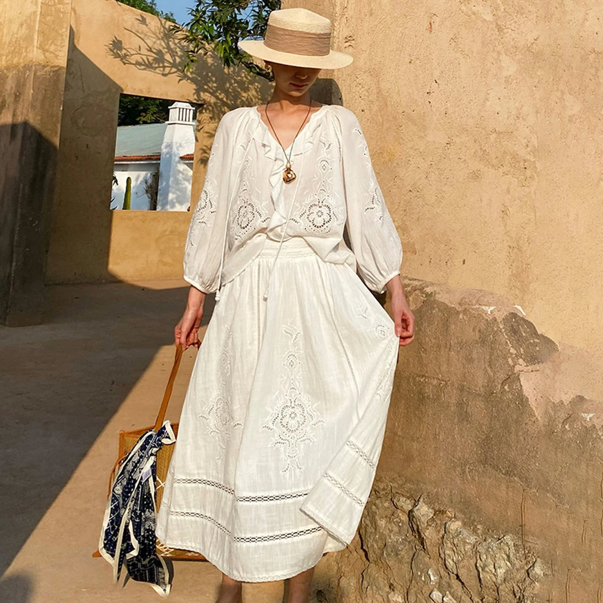 

2026 New Elegant White Cotton Two Piece Set Women Ruffle Lace Long Sleeve Blouse And Maxi Skirt Boho Vacation Outfits Beachwear