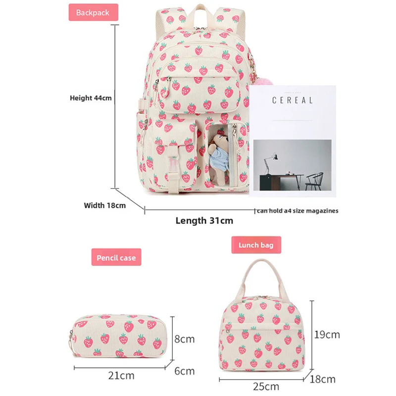 Conjunto de 3 peças: Mochila escolar de veludo com lancheira e estojo, mochila escolar fofa para meninas, mochila com estampa de morango para adolescentes e mulheres.