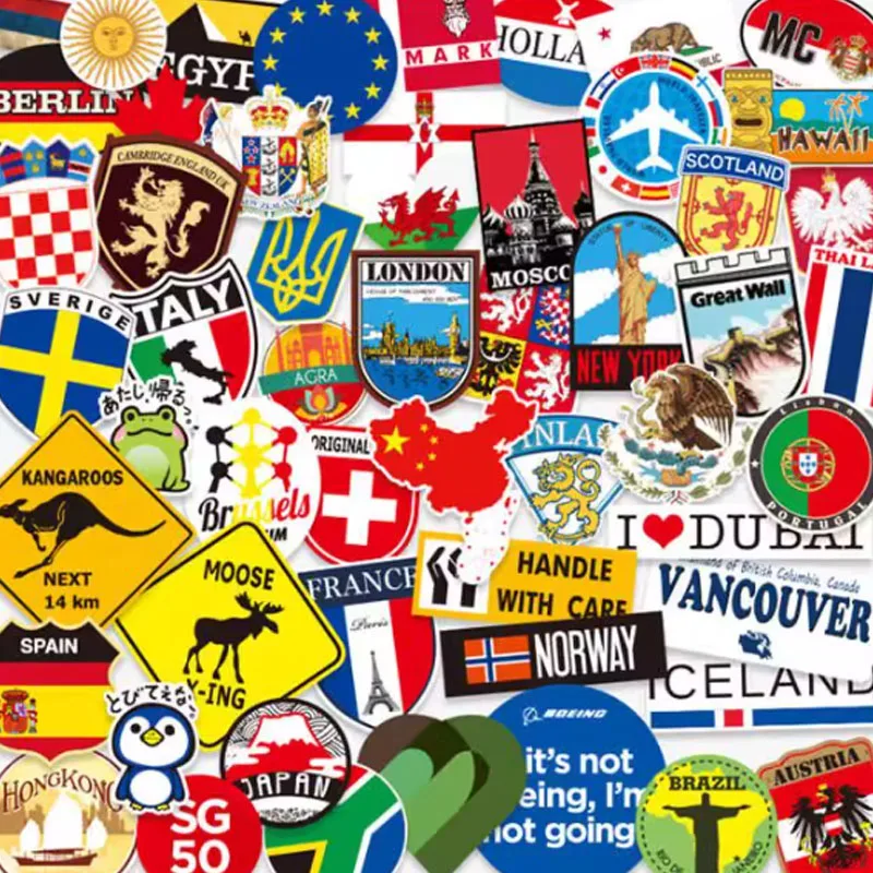 

63Pcs Cute Retro World Travel Sticker National Landmark Pegatinas Luggage Laptop Fridge Guitar Case Decoration Waterproof Decal