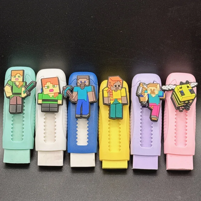 

6pcs Cartoon Game Minecraft Eraser Push Pull Eraser Telescopic Learning Stationery Supplies Gifts