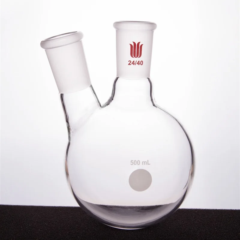 SYNTHWARE Thick walled slanted two necked bottle, Two-necked flask oblique shape, Capacity 500mL, Borosilicate glass, F41