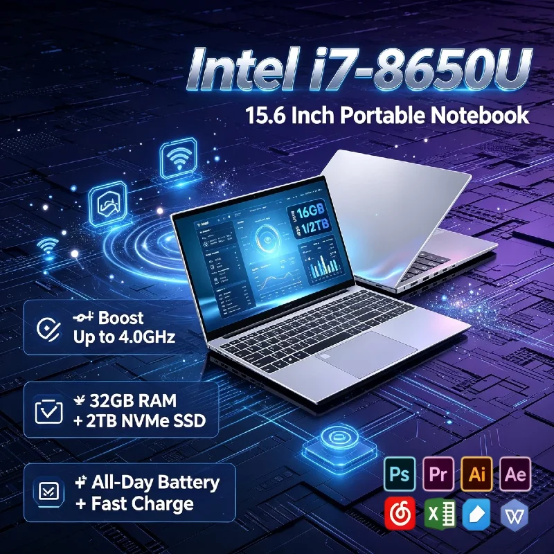 Intel i7 8650U 15.6 Inch Slim Ultra Laptop 32GB DDR4 2TB 1TB SSD 1920x1080 Gaming Office PC High Performance Pro