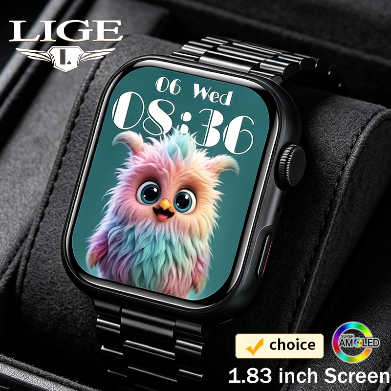 Relógio Inteligente LIGE com Tela AMOLED de 1,83 Polegadas para Homens, Monitor de Saúde 24H Integrado, Pulseira Inteligente com Mais de 100 Modos Esp