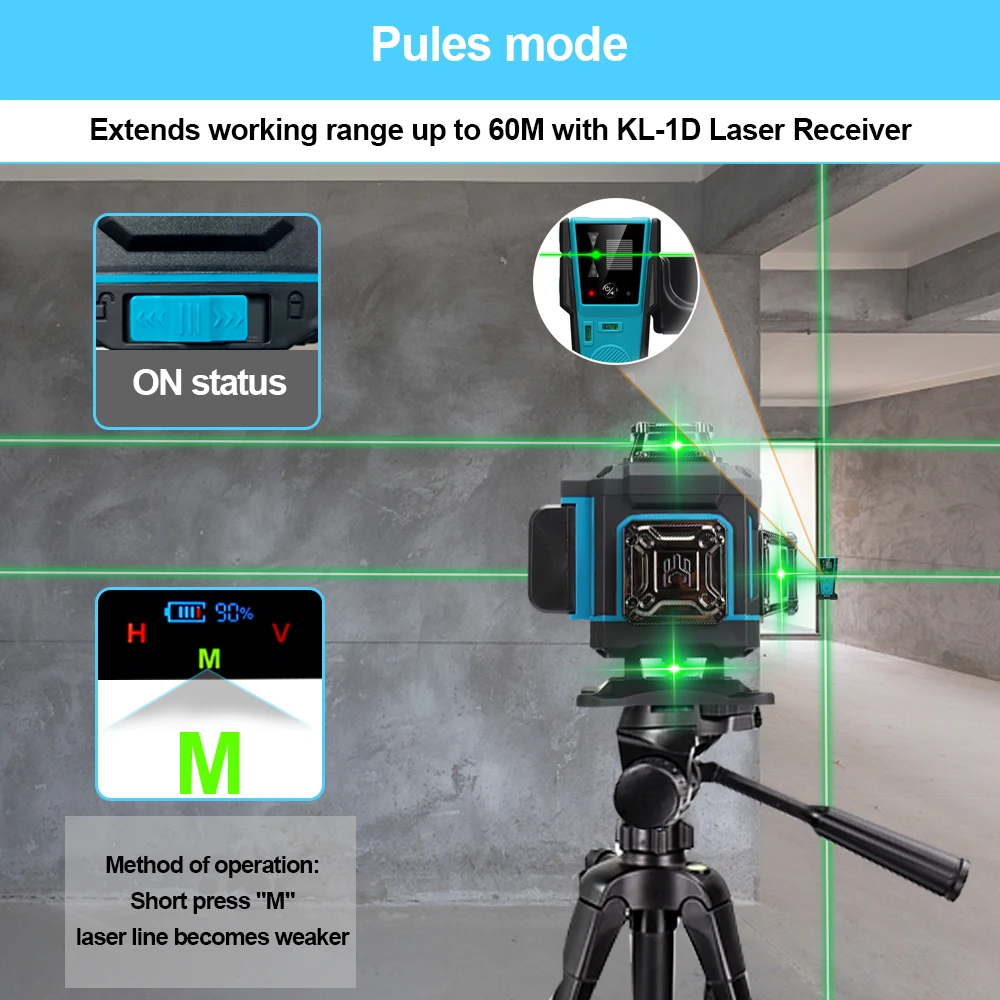 Imagem -06 - Kezers-controle Remoto Nível Laser Verde 16 Linhas Display 4d Kl4d03g Auto Nivelamento 360 1pc 4000mah Bateria Li-ion Receptor