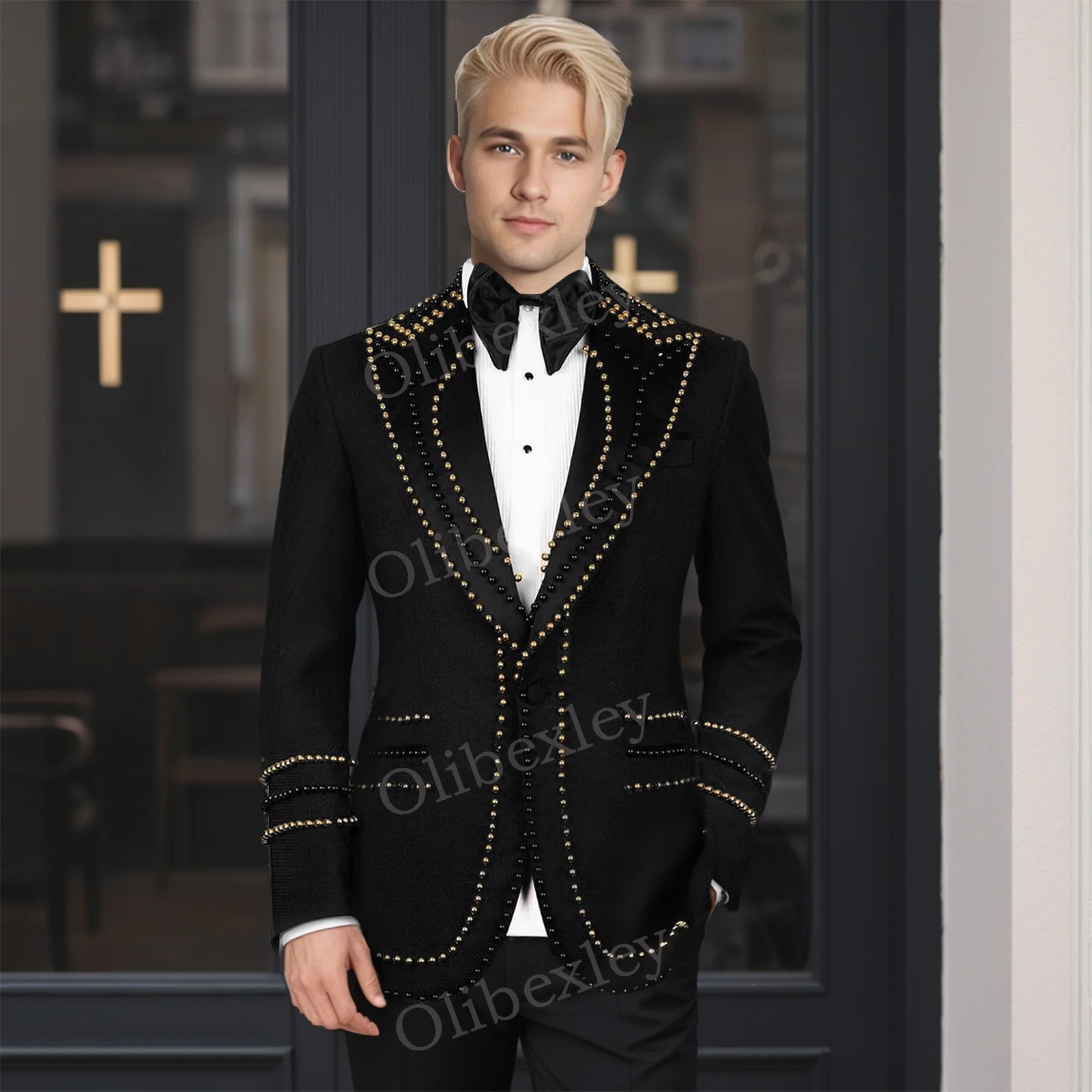 

Luxury Men's 2 Pieces Suits High Quality Customized Beaded Crystals One Button Slim Fit Tuxedos For Wedding Formal