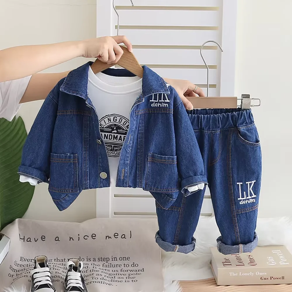 Spring and Autumn Children's Set Fashion New Boys' Casual Cowboy Coat+Jeans Two Piece Set 12M-5Years