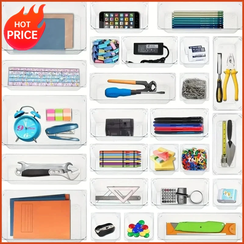 25 boîtes de rangement transparentes pour tiroirs, organiseurs de bureau pour articles divers, maquillage, bijoux et cosmétiques