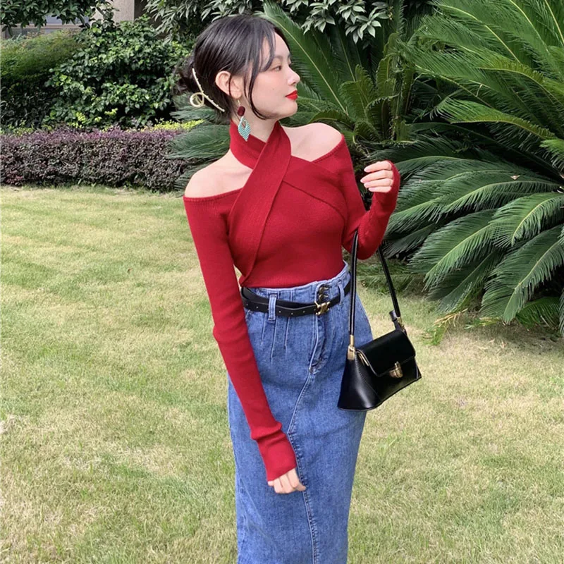 Streetwear Women Y2K Knitted Pure Color Slim Sexy One-Shoulder Neck Thin Knit Sweater Bottoming Shirt with Top Women Clothing