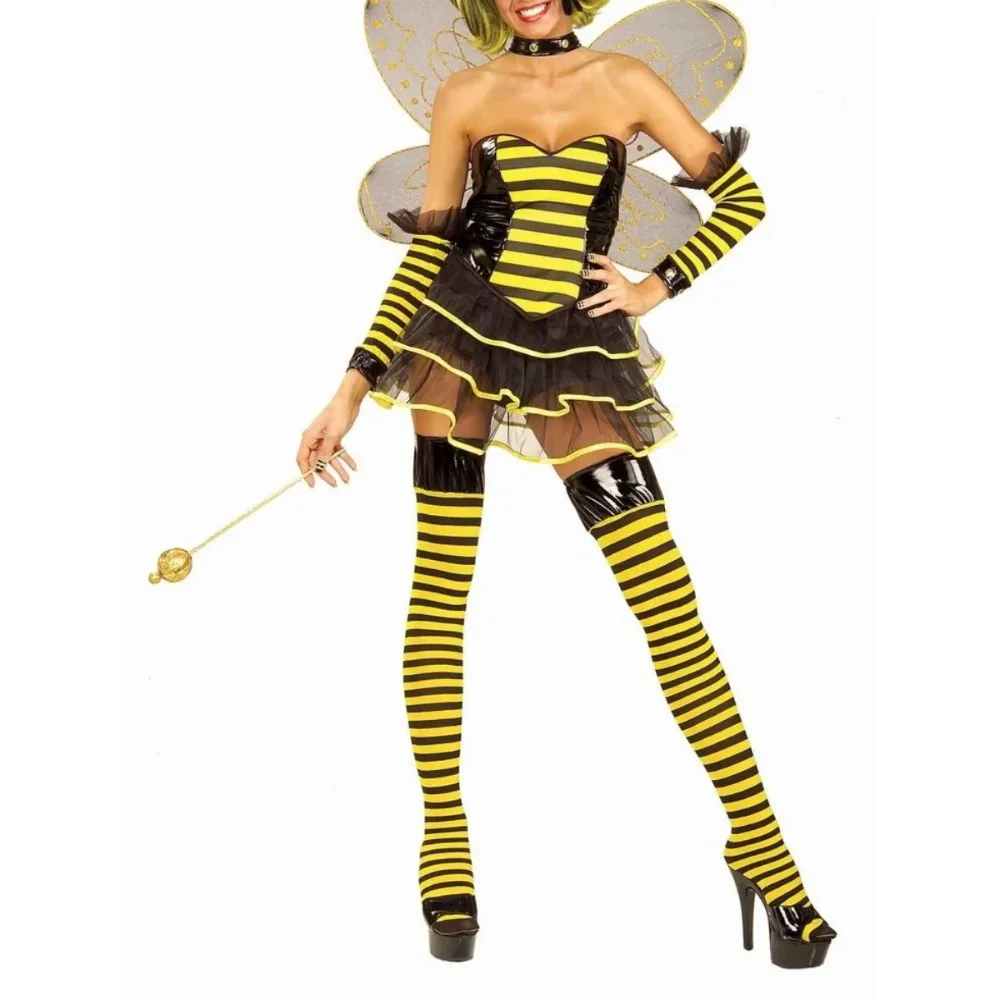 Женский костюм пчелы на Хэллоуин, боди на бретельках без рукавов с милой повязкой на голову и сетчатым крылом