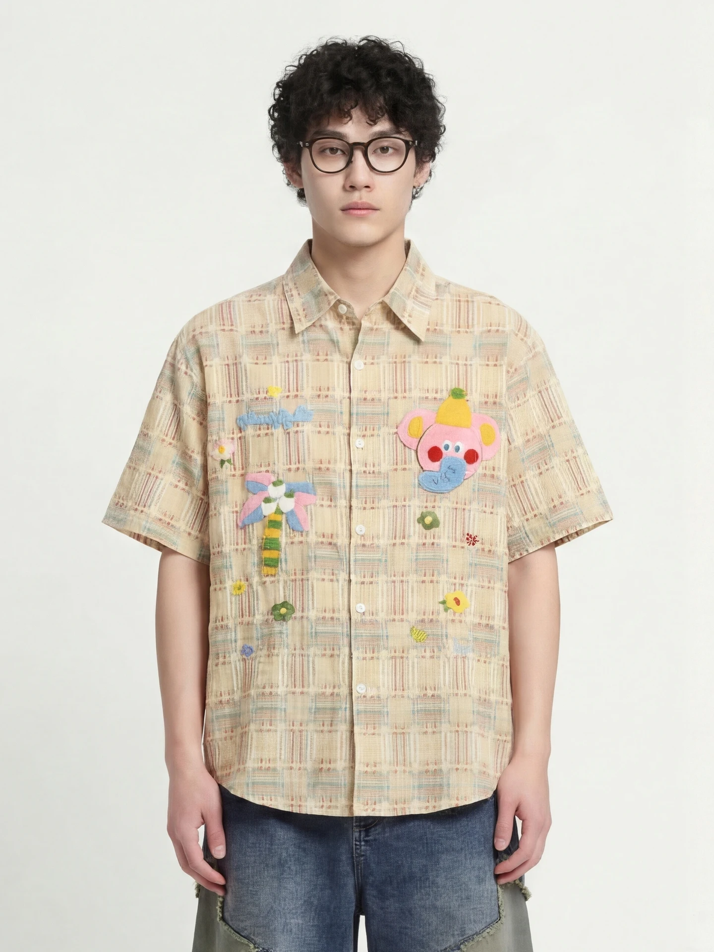 

Рубашка свободного кроя с коротким рукавом и вышивкой в стиле ретро-мультфильмов, летняя, дышащая, из хлопка, повседневная, на пуговицах