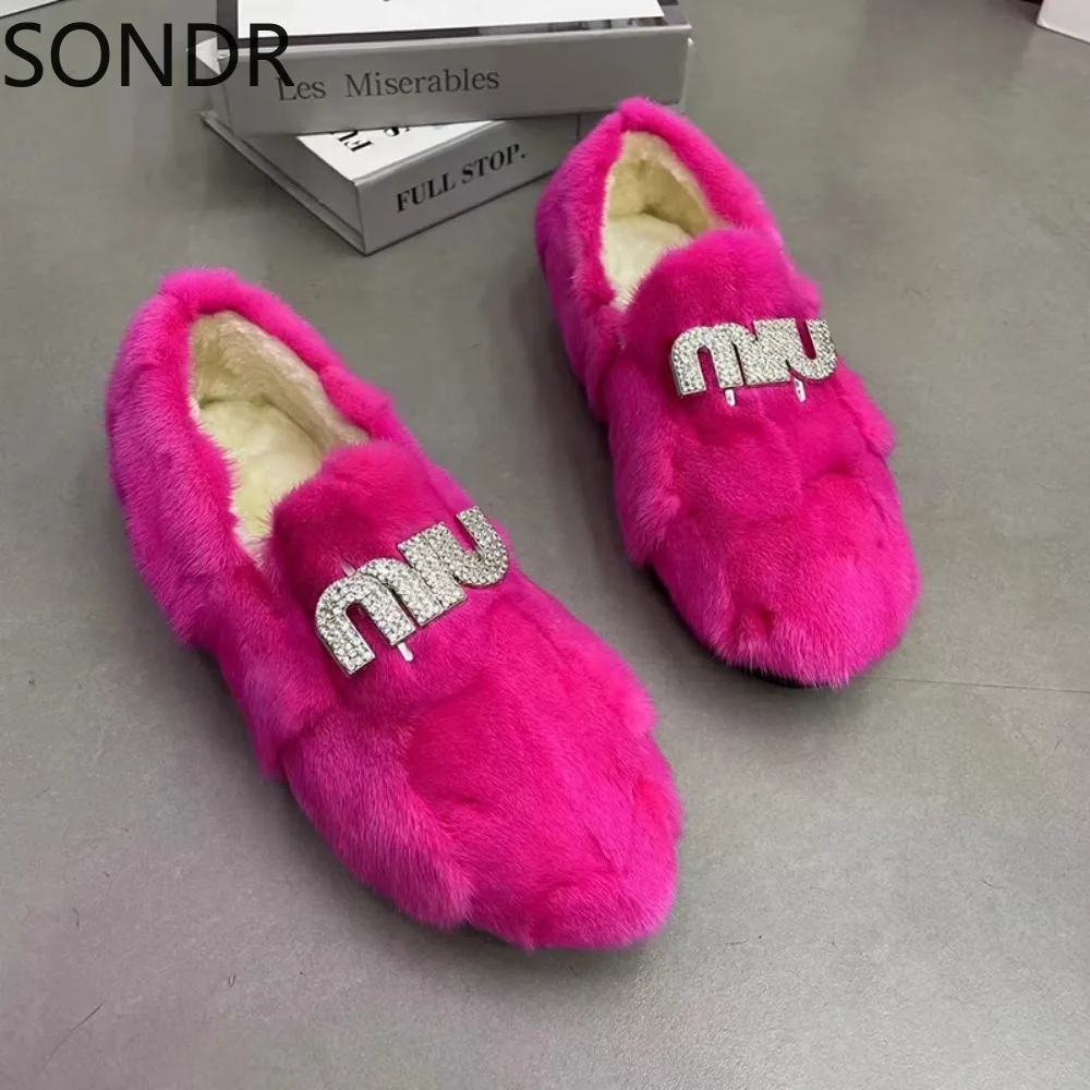 Womens Real Mink Fur Loafers Rhinestones Crystal Furry Flats Shoes Round Toe Warm Winter Snow Leopard Mixed Colors New 2024