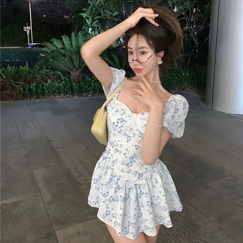 Floral Dress For Women Puff Sleeve Square Collar Short Sleeve Skirt Sexy Off Shoulder Dress Female Summer Cute Beach Dress