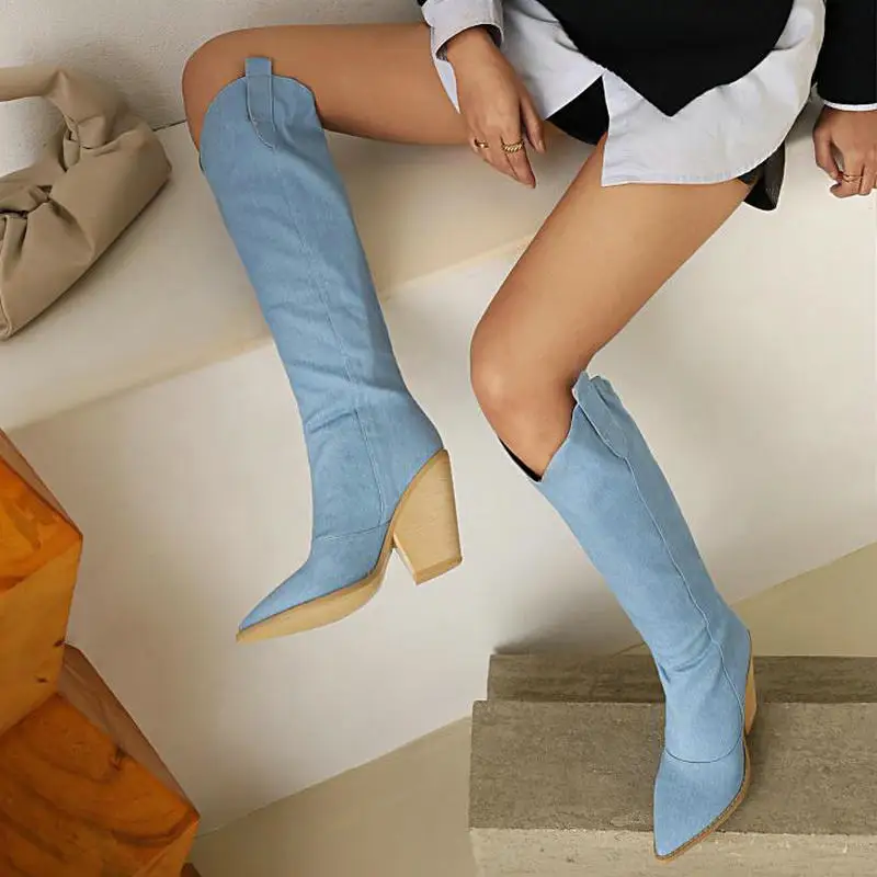 QPLYXCO New Denim Jeans Cowboy Boots Pointed Toe Strange High Heels Womens Shoes Riding Equestrian V Cut Design Knee High Boots