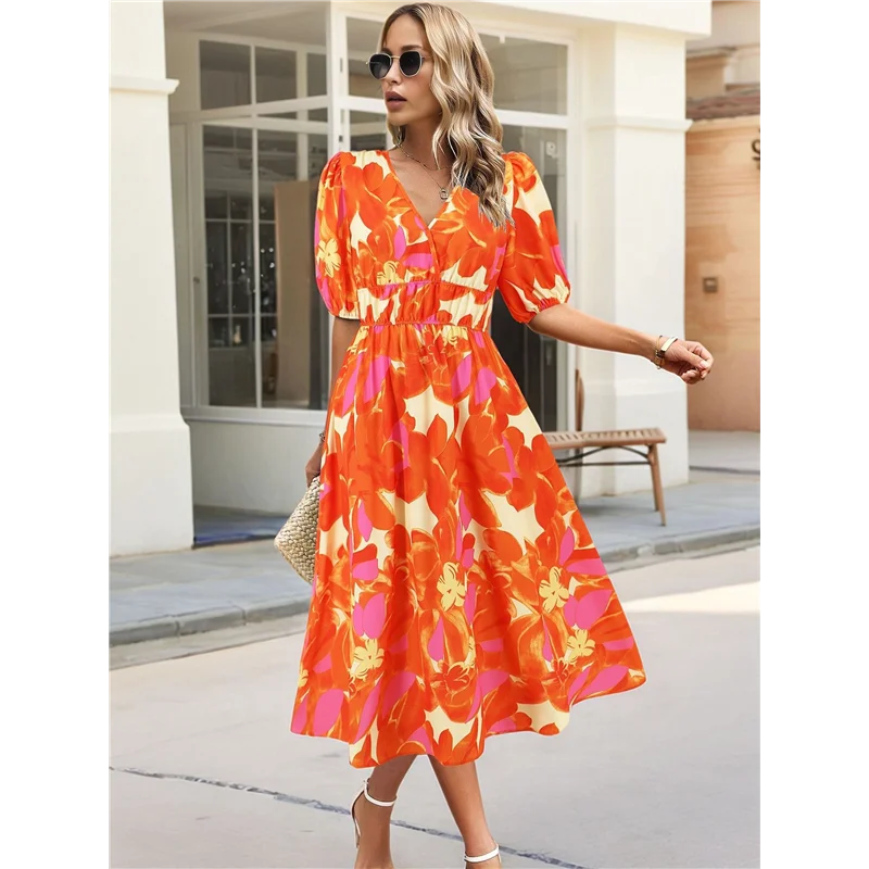 ABRT-Vestido floral con cuello en V para mujer Verano 2025, vestido largo plisado bohemio fluido con mangas abullonadas