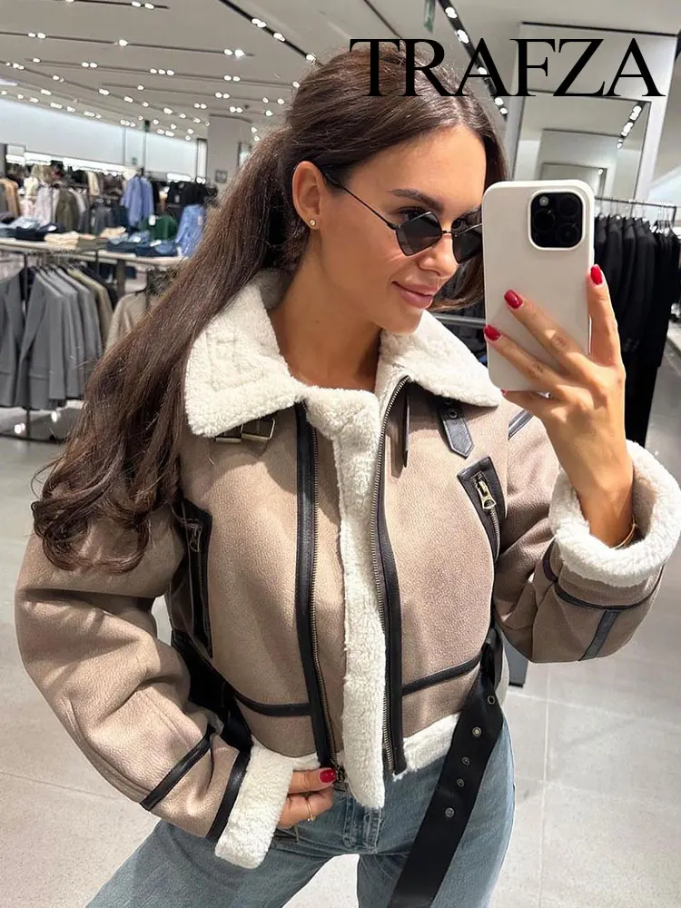 TRAFZA 2023 Winter Women Fashion Jacket Plus Velvet Turn Down Collar Loose Coat Woman Warm Elegant High Street Female Jackets