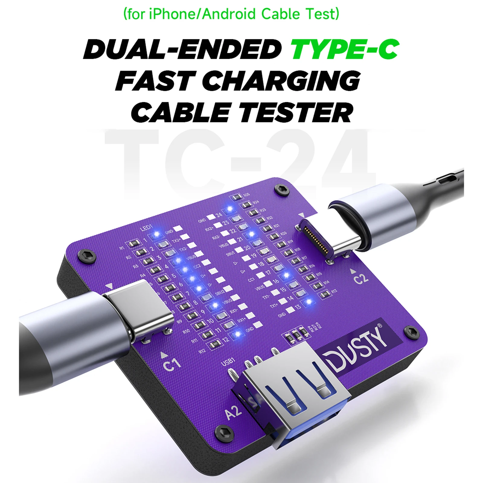 MECHANIC TC-24 Dual-Ended Type-C Fast Charging Data Cable Tester with 12 LED Indicators For iPhone Android Cable Check Tool