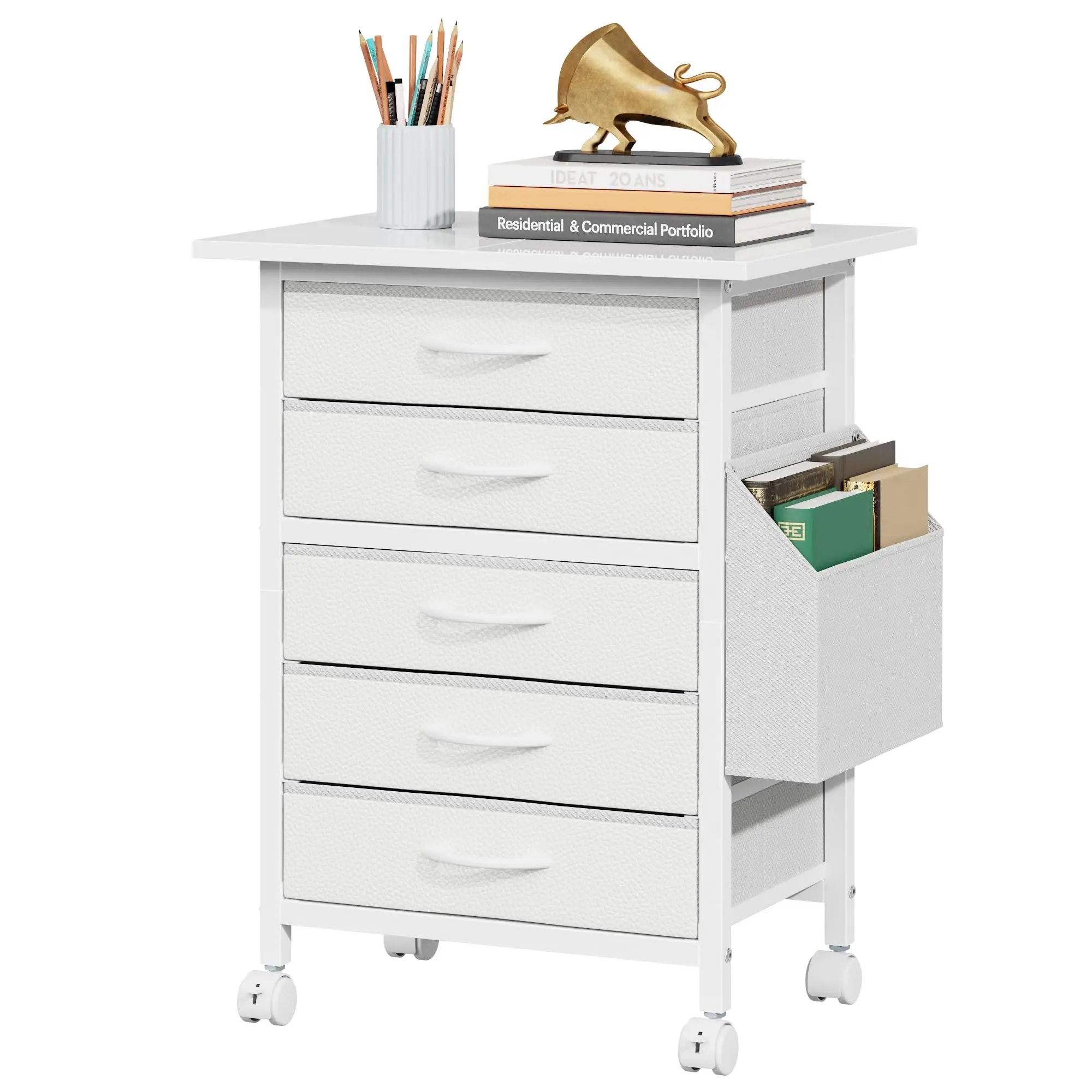 

7-Drawer Fabric File Cabinet With Side Pocket Rolling Storage Unit For Home Office