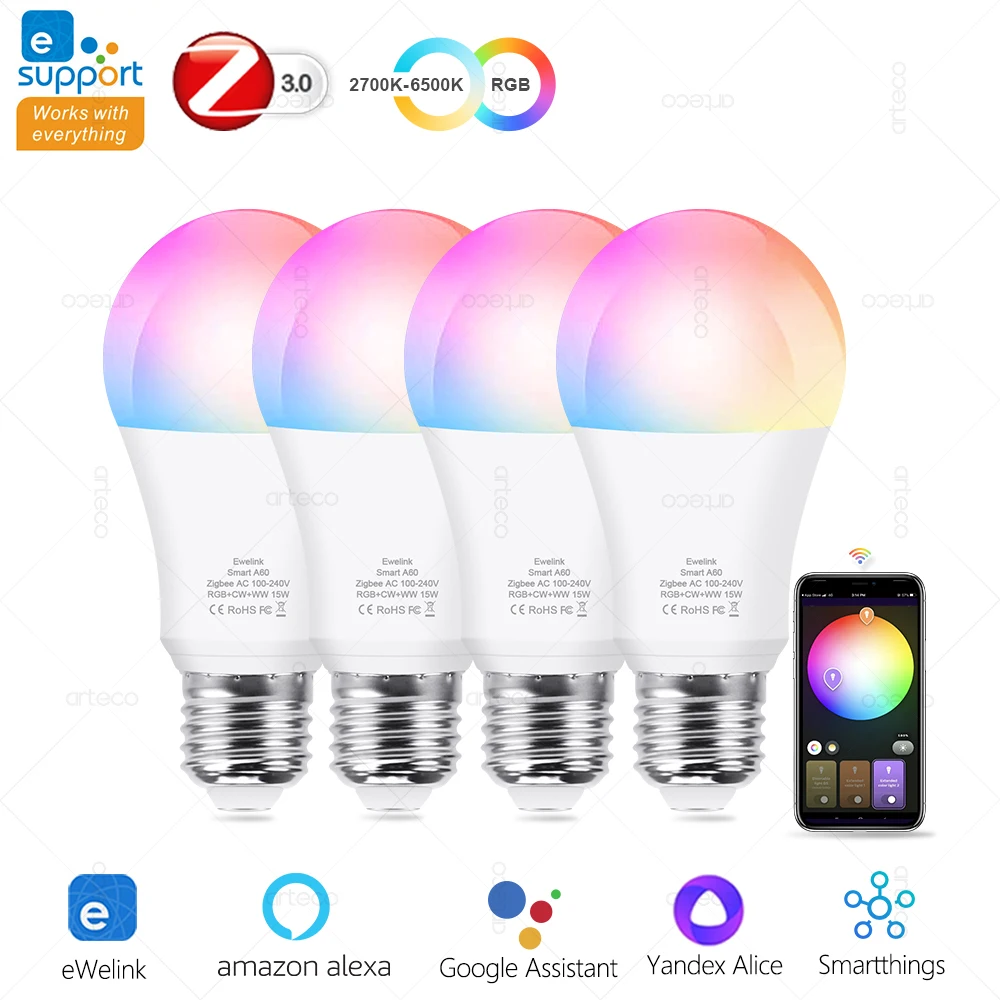 15 واط 18 واط E27 زيجبي مصابيح كهربائية ذكية RGB E27 Led لمبة AC100-240V المنزل الذكي زيجبي مصباح يعمل مع أليكسا جوجل المنزل Smartthings