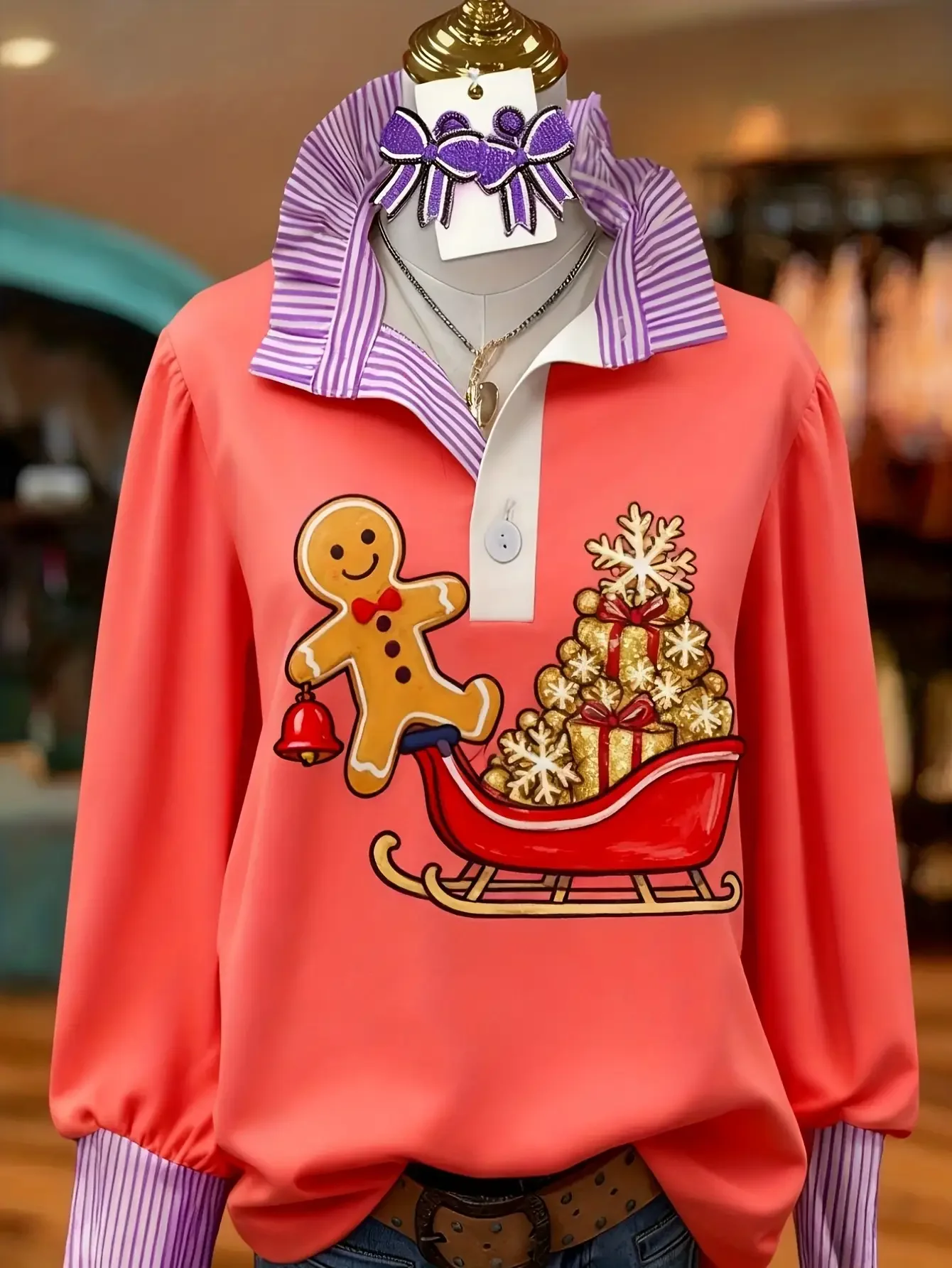 

Christmas Women's Top Spring and Autumn Winter Women's Stand up Collar Shirt Long Sleeve, Buckle closure