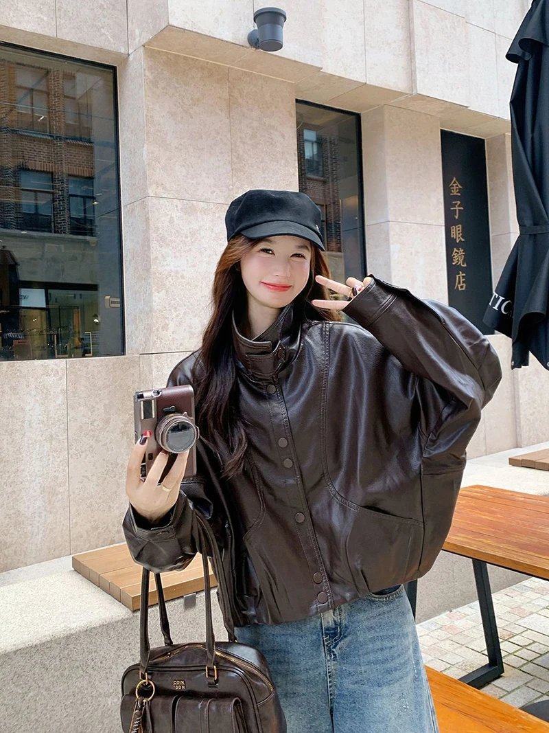 Women Faux Leather Jacket Stand Collar Snap Button Coat Oversized Drop Shoulder Bomber Y2K Retro Streetwear Autumn Outerwear Top