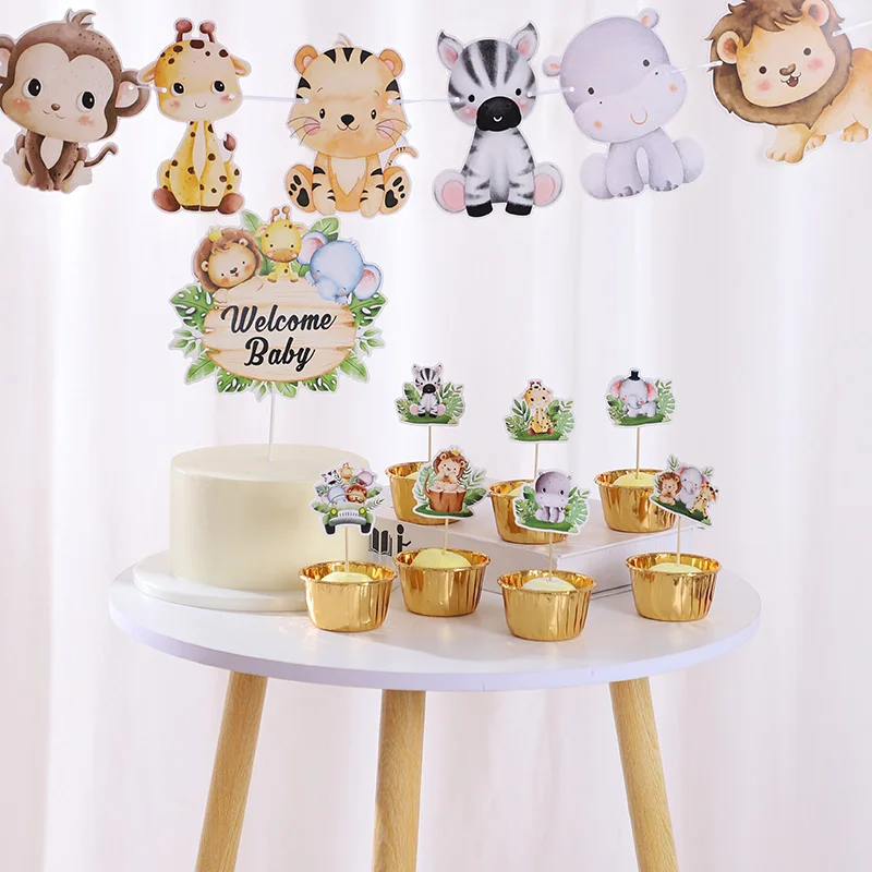 Dschungel Tier Cupcake Kuchen Topper Oh Baby Papier Banner Girlande Kinder Baby Dusche Wild One Safari Geburtstag PartySuppiles