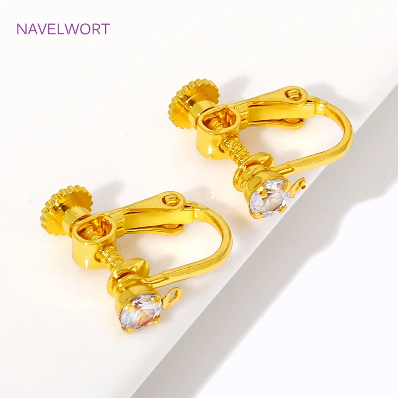 14K/18K Gold Plated Round Head Screw Ear Clip,For DIY Jewelry Making Earrings Findings,With Zircon No Pierced Earrings Clip