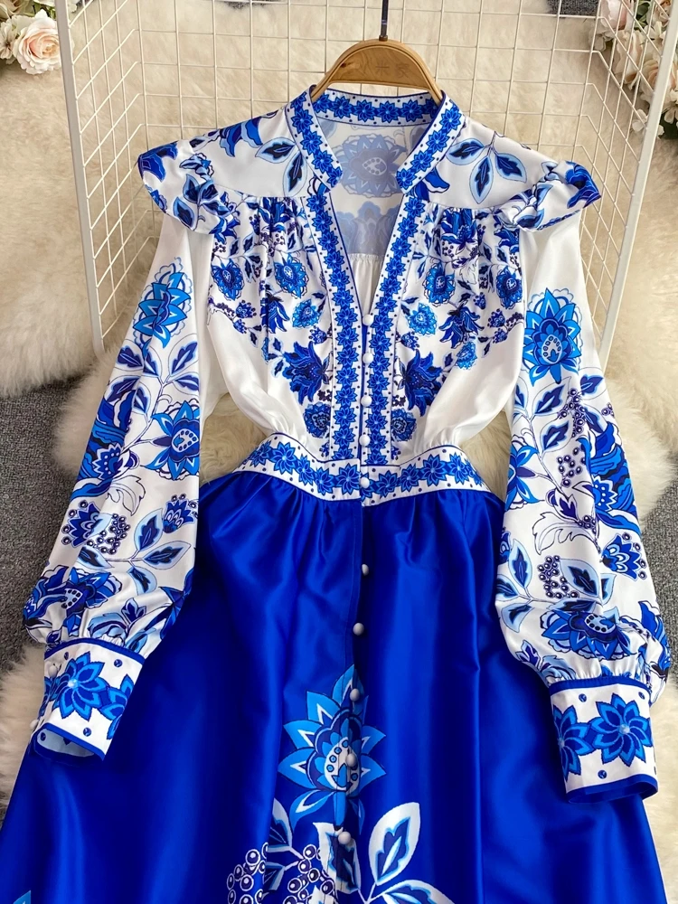 E Vestido Largo con Cuello en V y Estampado Floral, Cintura Alta, Botón Único, Falda Pada, Estilo Coreano, Vestido ...