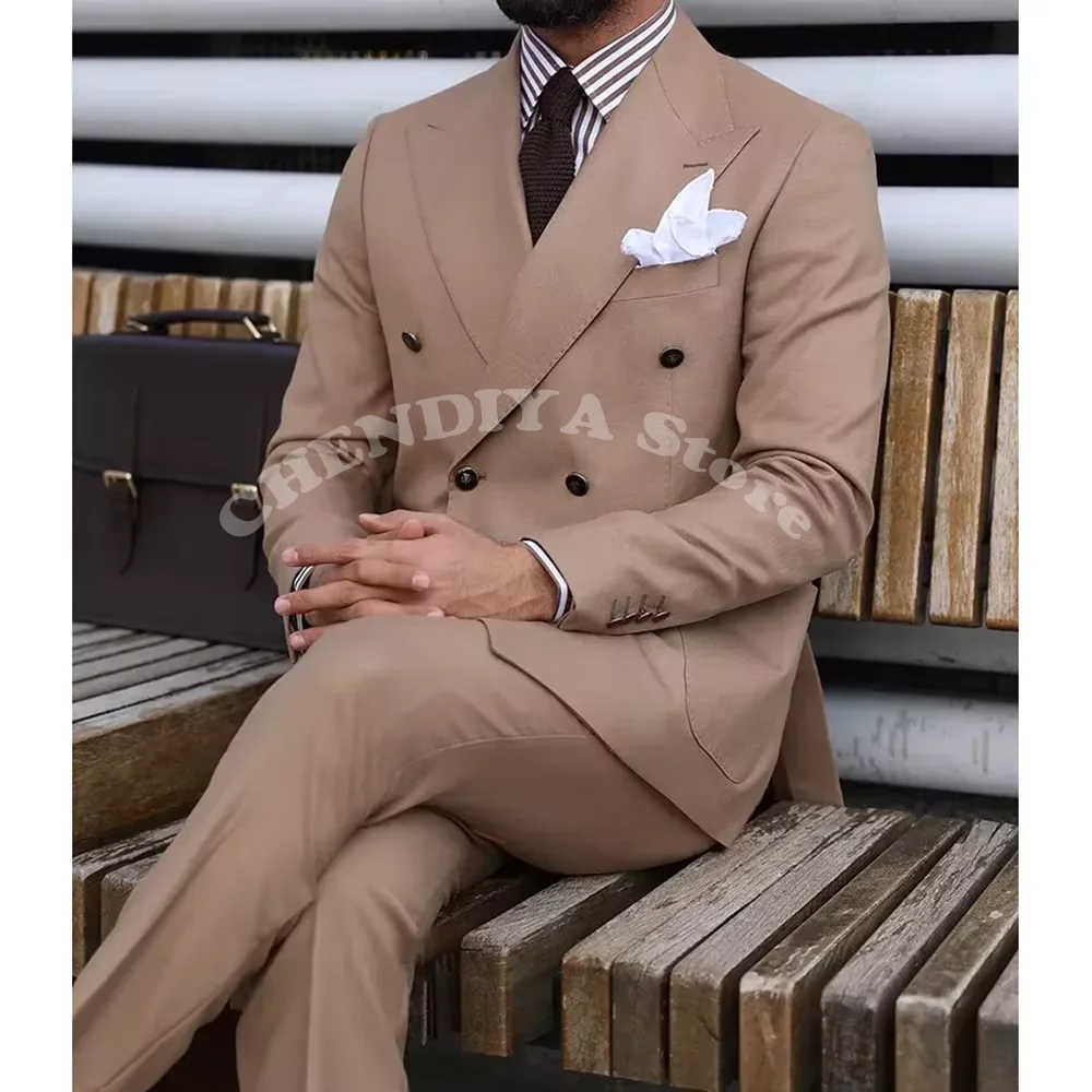 

Elegant Double Breasted Solid Color Men's Suit Set 2 Piece Peak Lapel Business Party Wedding England Style Outfits Jacket Pants