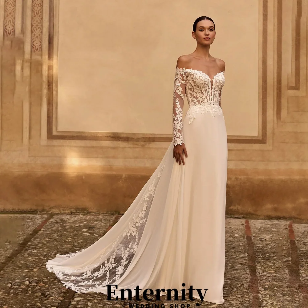 

Customized Button Wedding Dresses V Neck For Women Charming Three Quarter Sleeve Lace Applique Bridal Gown Vestidos De Novia