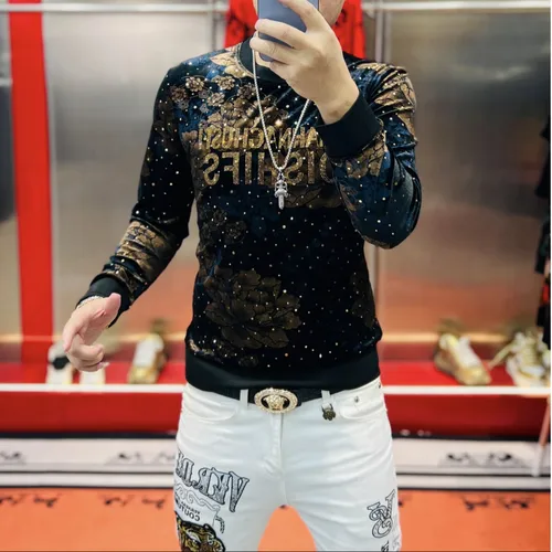 Sudadera de cuello redondo con taladro dorado caliente de terciopelo australiano de terciopelo para hombre de edición europea de otoño 2025