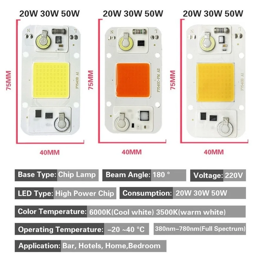 F7540 AC LED COB Chips AC220V 20W 30W 50W No Need Driver For DIY Grow Light Full Spectrum 380-780nm Plant Seedling Flower