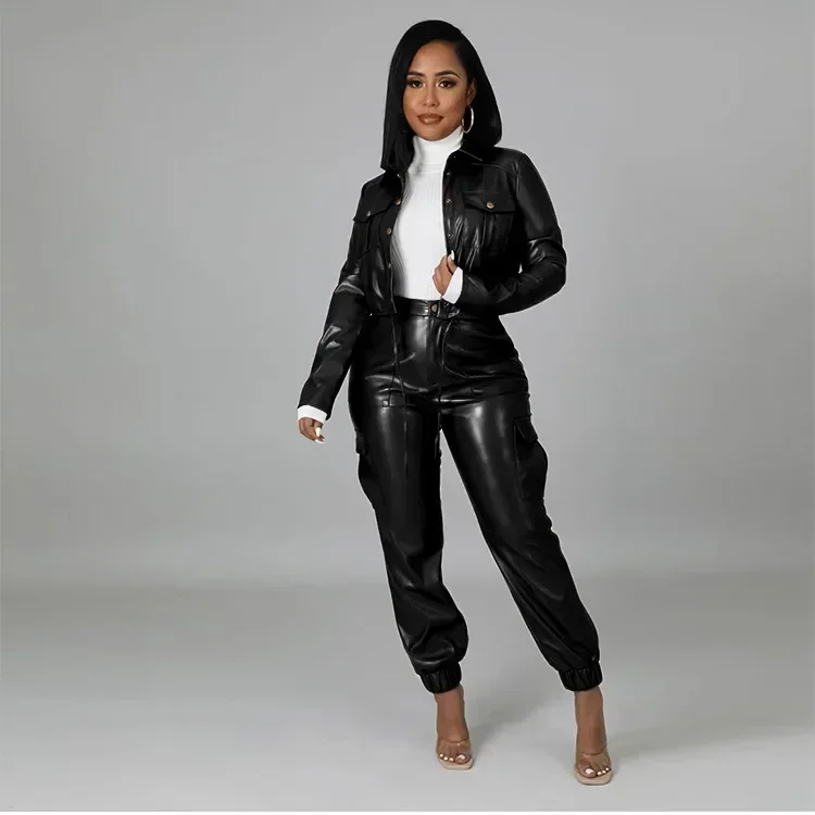 Women Two Piece Set PU Leather Pants Sets Long Sleeve Jacket Work Zipper Coat Pencil Pants Mom Matching Sets Streetwear